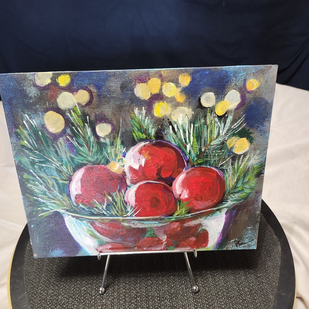 Original 8" x 10" Acrylic Christmas Tree Ornaments Painting On Canvas Board